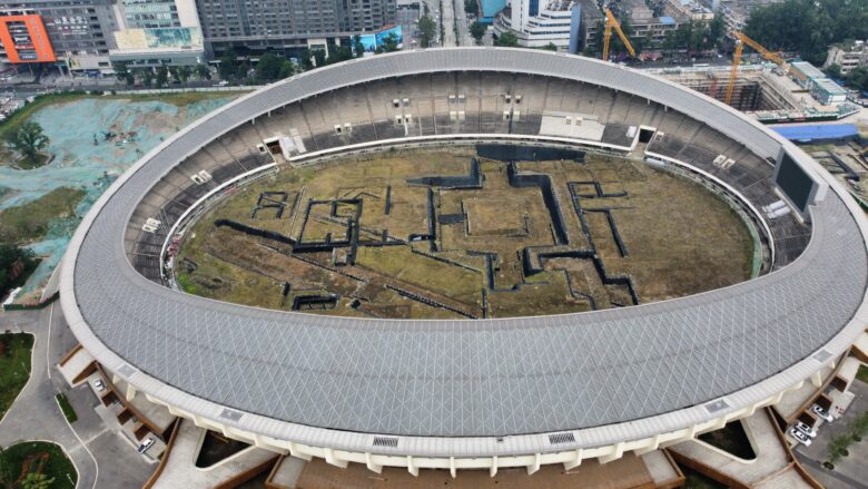 2,000-year-old ruins found in the heart of the enormous Chengdu stadium make their public appearance.