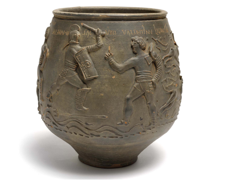 A vase found in Roman Britain as the first physical evidence of a real gladiatorial fight