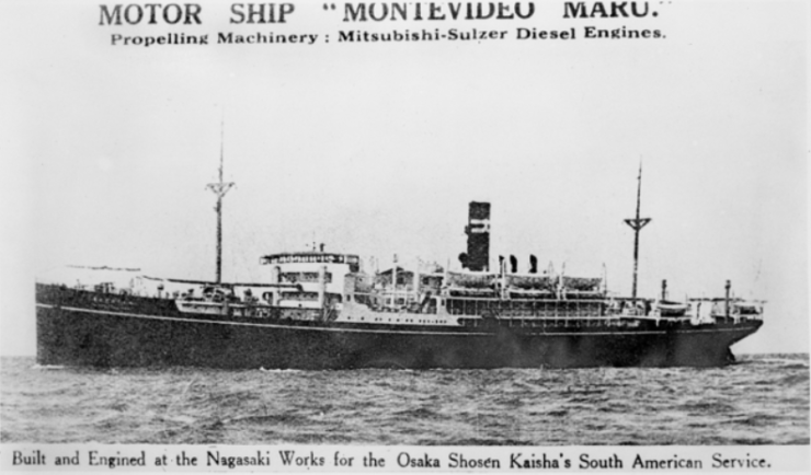 The Montevideo Maru torpedoed by an American submarine in 1942.